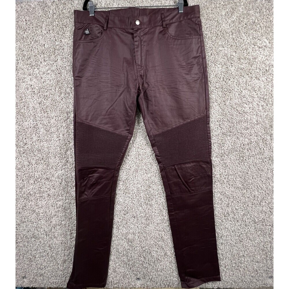 DNM Collection Men’s Biker Pants Burgundy Coated Slim Fit Size 36 Moto Style